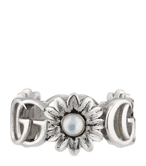 gucci ybc527394001014|Mother of Pearl & Blue Topaz Flower & Double G Ring.